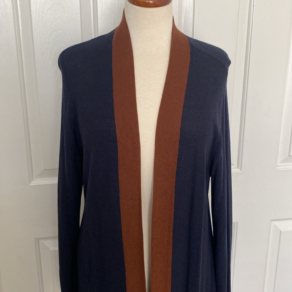 Eileen Fisher Long Tencel Silk Midnight Blue Cardigan Size Large - Picture 2 of 7